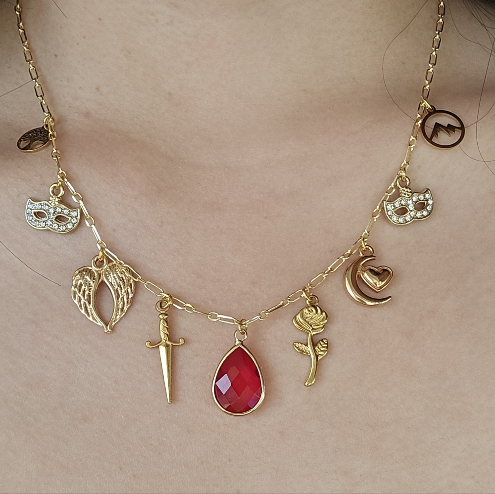 Acotar Themed Charm Necklace with Ruby Red Teardrop Pendant